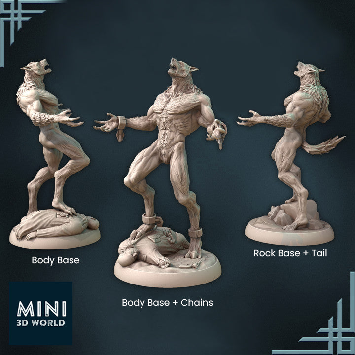 Resin Werewolf Miniature with Body Base, Werewolf Miniature with Body Base and Chains, Werewolf Miniature with Rock Base and Tail, 3D Render, Side Views.